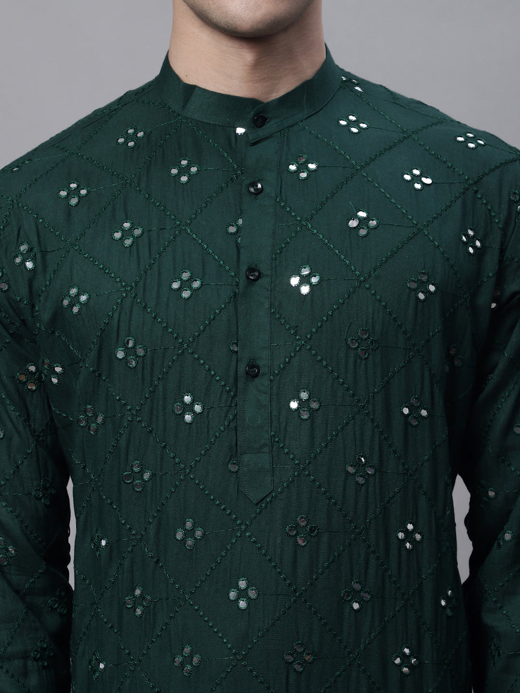 Jompers Men's Olive Green Embroidered Mirror Work Kurta