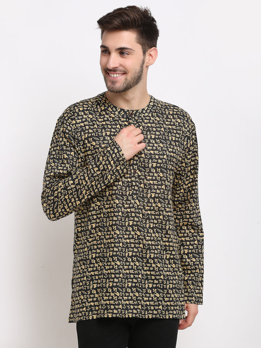 Jompers Men's Cotton Printed Kurta - Black