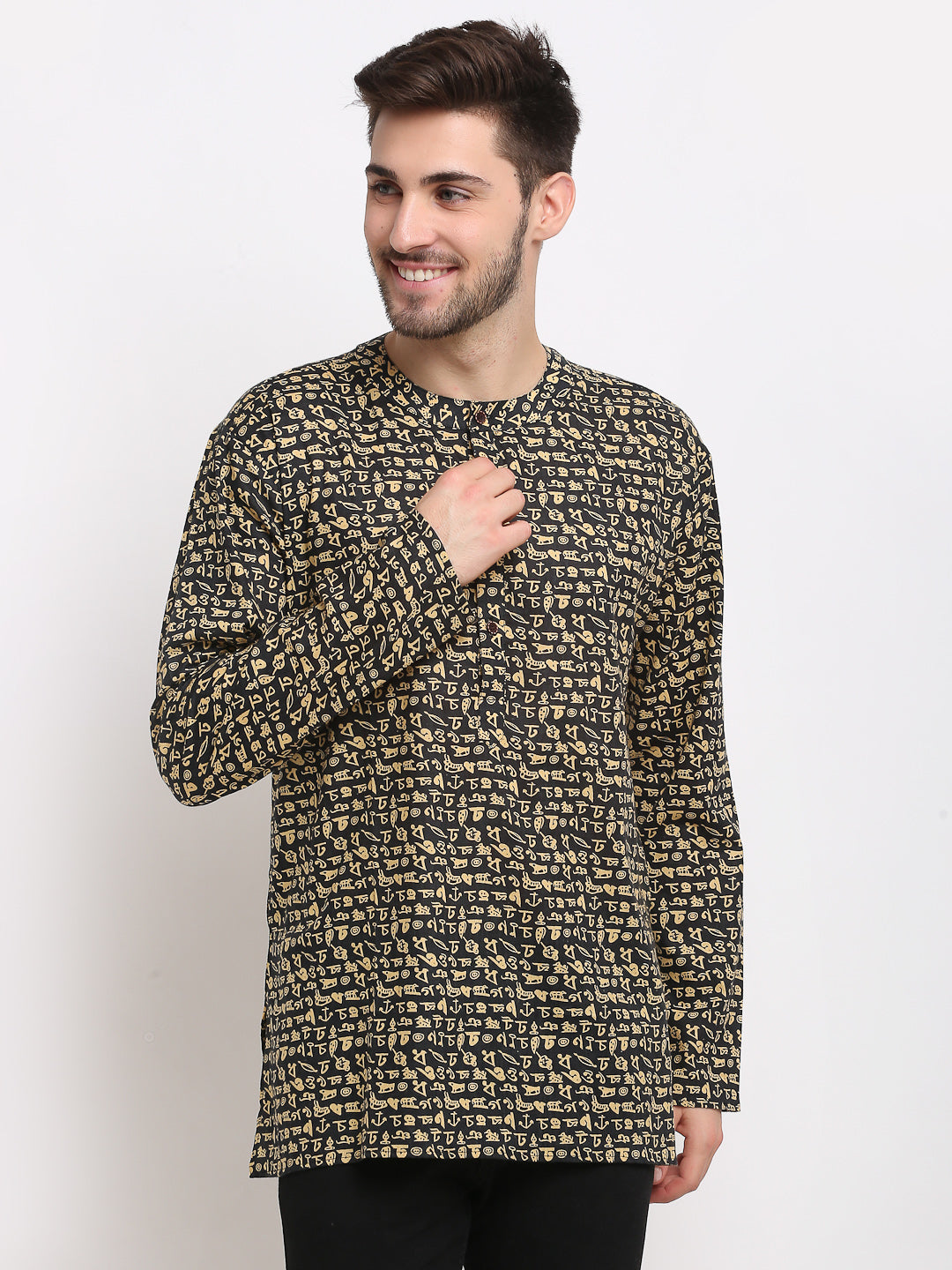 Jompers Men's Cotton Printed Kurta - Black
