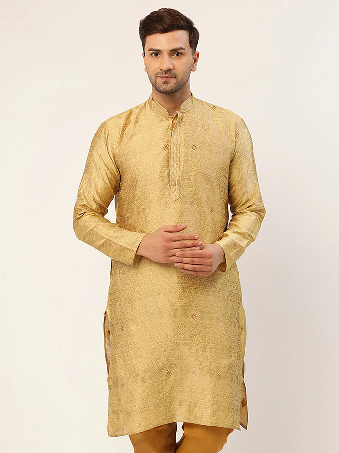 Jompers Men's Beige Coller Embroidered Woven Design Kurta Only