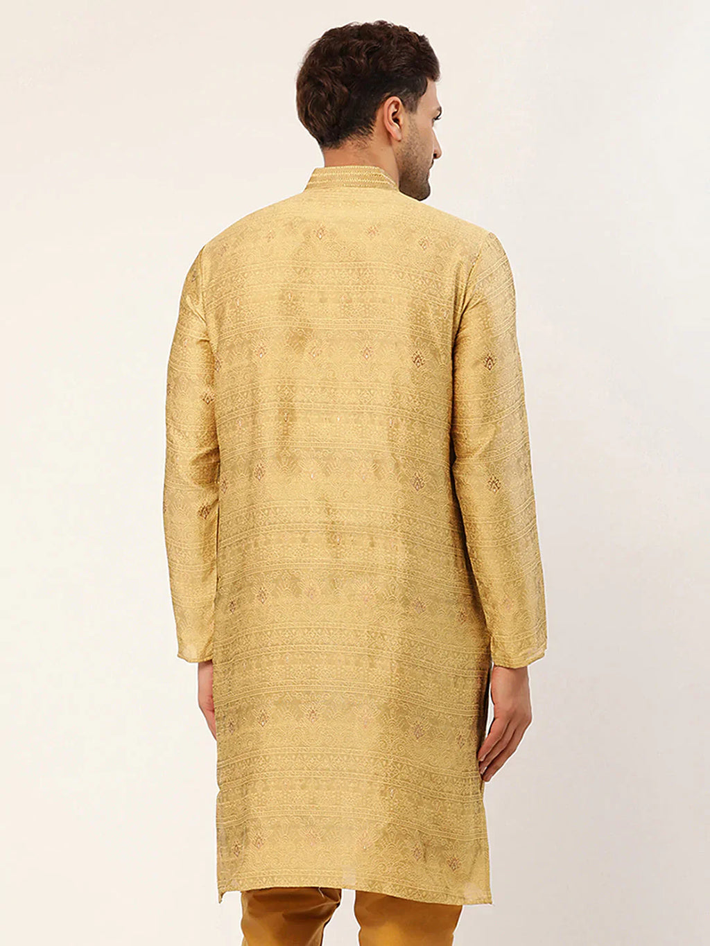 Jompers Men's Beige Coller Embroidered Woven Design Kurta Only