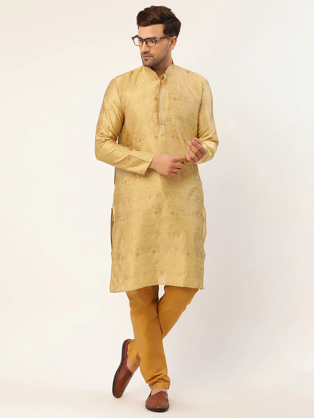 Jompers Men's Beige Coller Embroidered Woven Design Kurta Only
