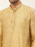 Jompers Men's Beige Coller Embroidered Woven Design Kurta Only