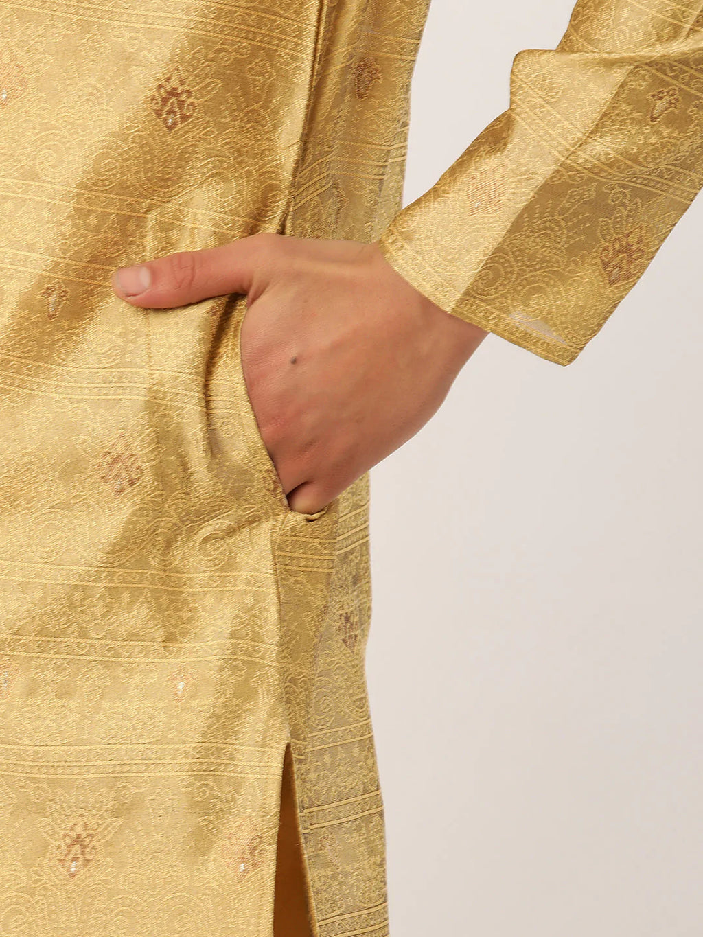 Jompers Men's Beige Coller Embroidered Woven Design Kurta Only