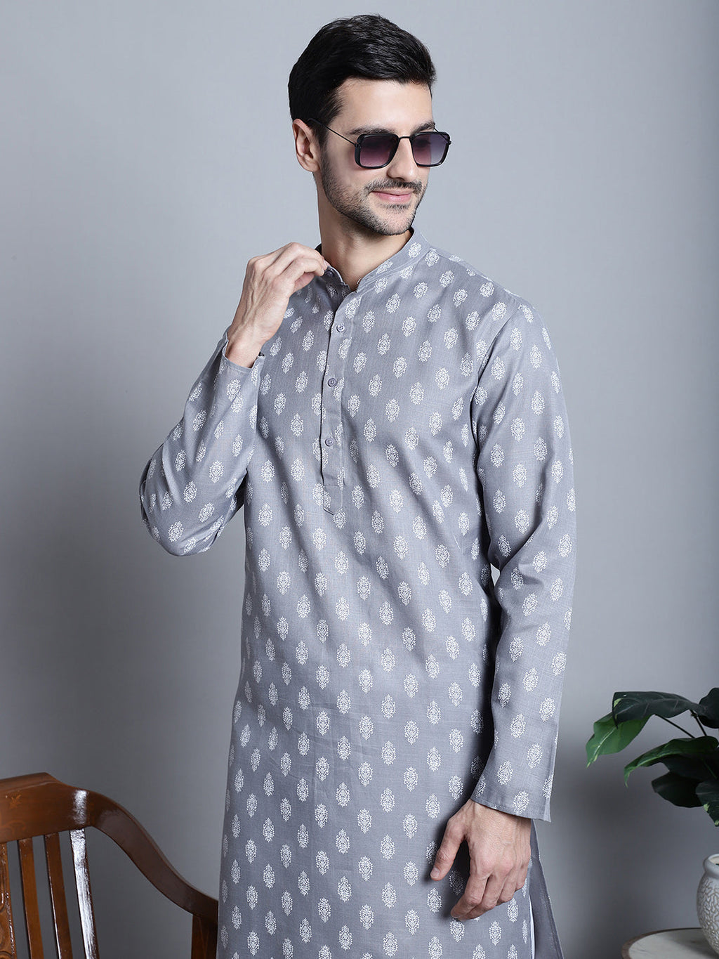 Jompers Men's Cotton Floral printed Kurta Only - Dark-Grey