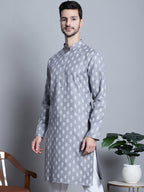 Jompers Men's Cotton Floral printed Kurta Only - Dark-Grey