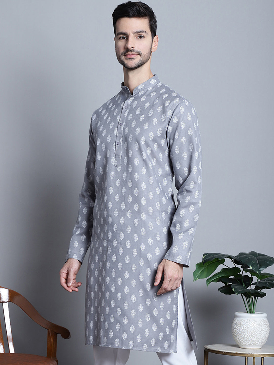 Jompers Men's Cotton Floral printed Kurta Only - Dark-Grey