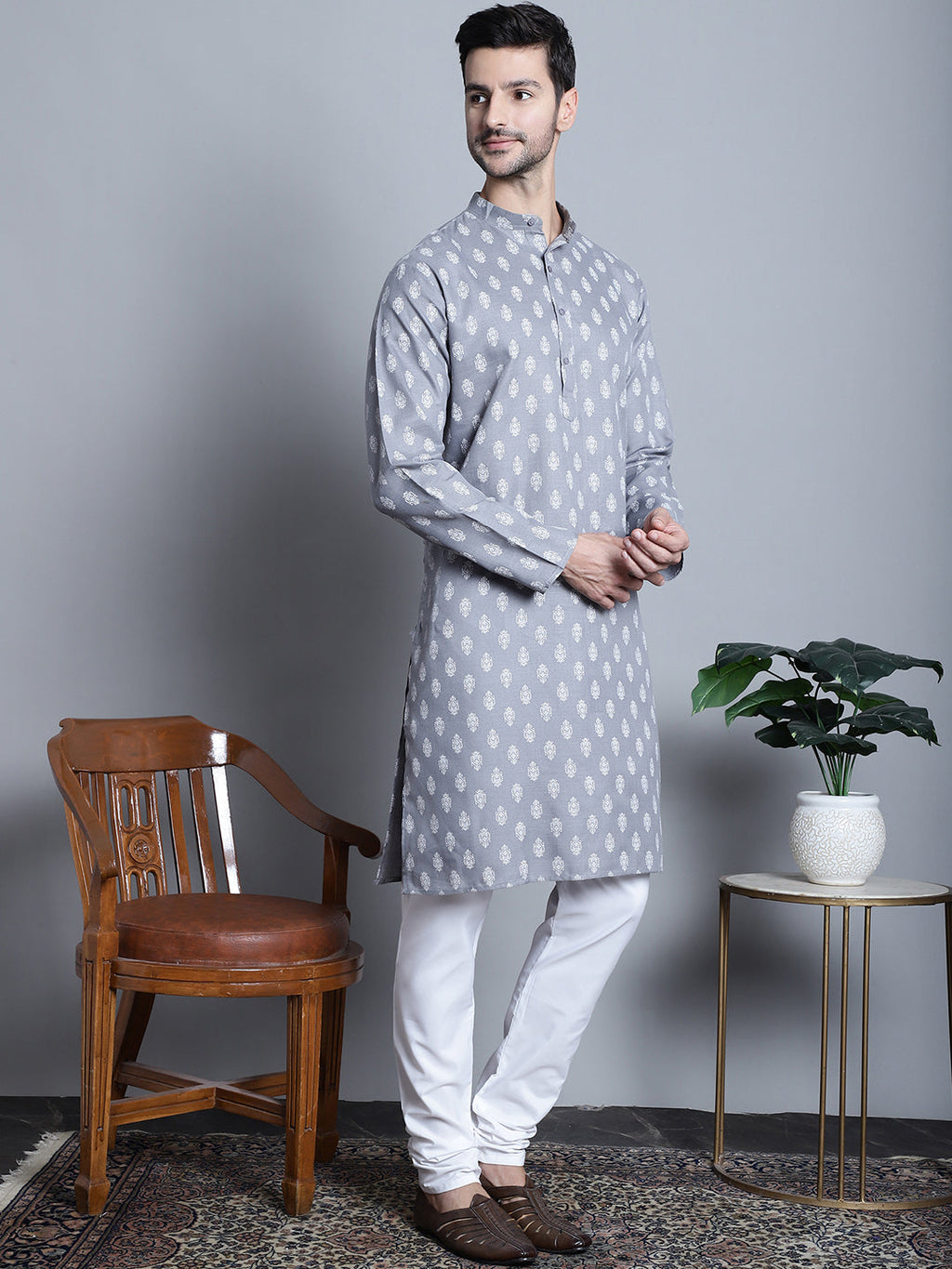 Jompers Men's Cotton Floral printed Kurta Only - Dark-Grey