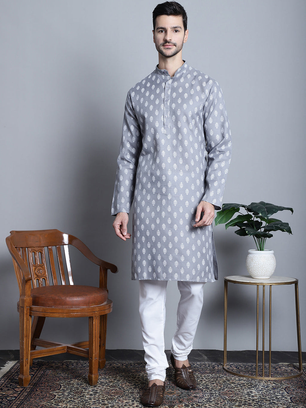 Jompers Men's Cotton Floral printed Kurta Only - Dark-Grey
