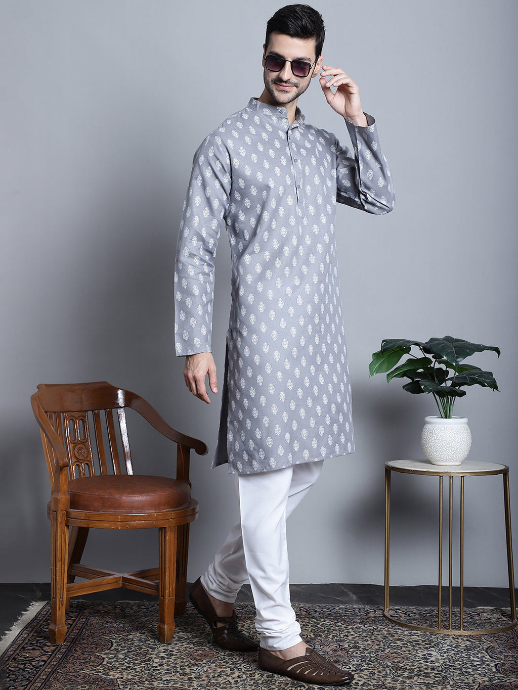 Jompers Men's Cotton Floral printed Kurta Only - Dark-Grey
