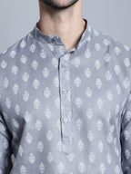 Jompers Men's Cotton Floral printed Kurta Only - Dark-Grey