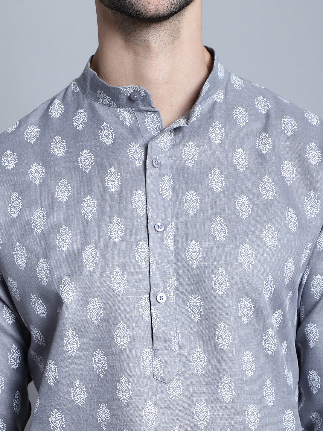 Jompers Men's Cotton Floral printed Kurta Only - Dark-Grey