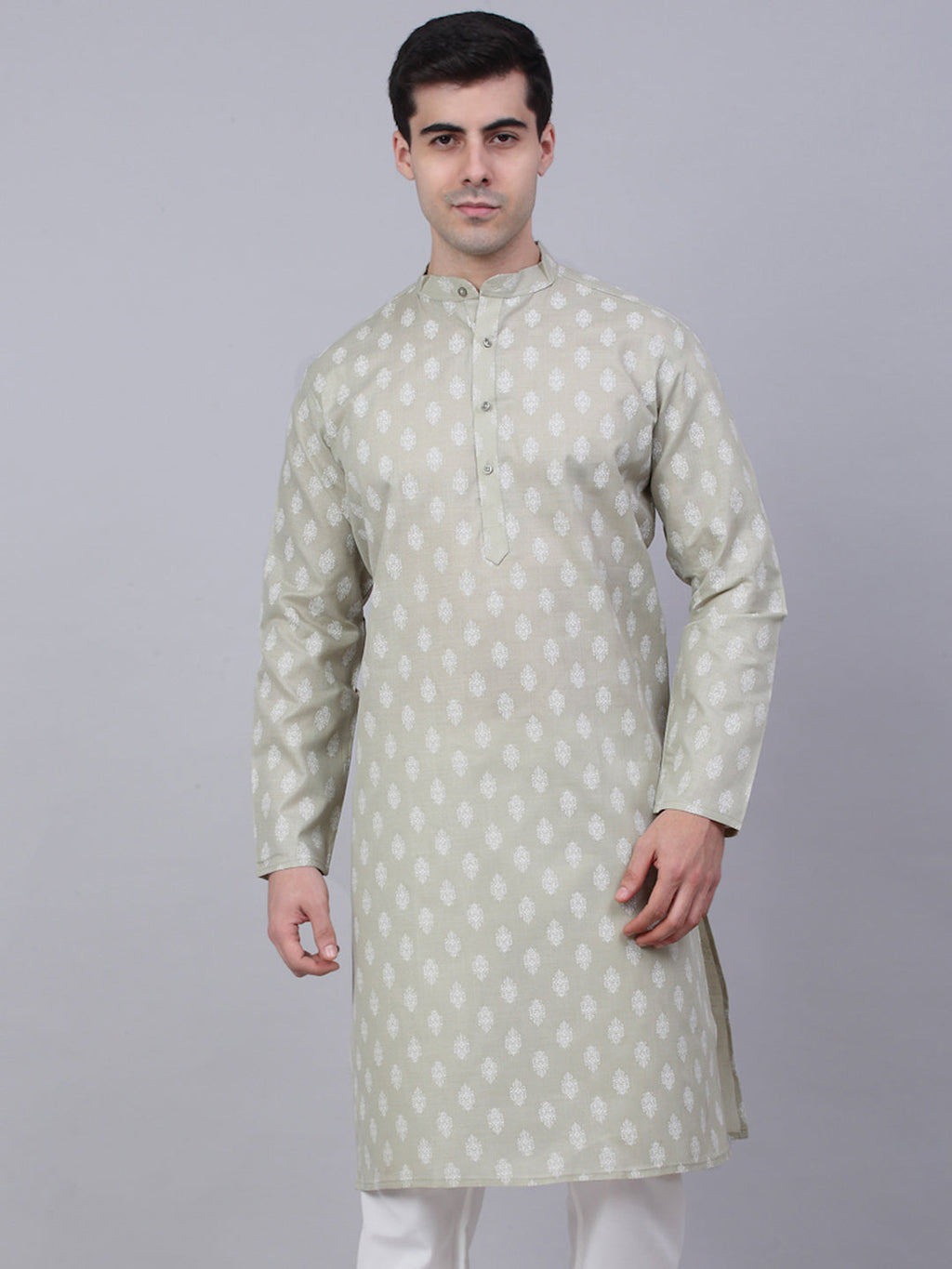Jompers Men's Cotton Floral printed Kurta - Grey