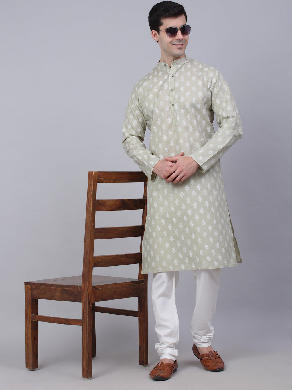 Jompers Men's Cotton Floral printed Kurta - Grey