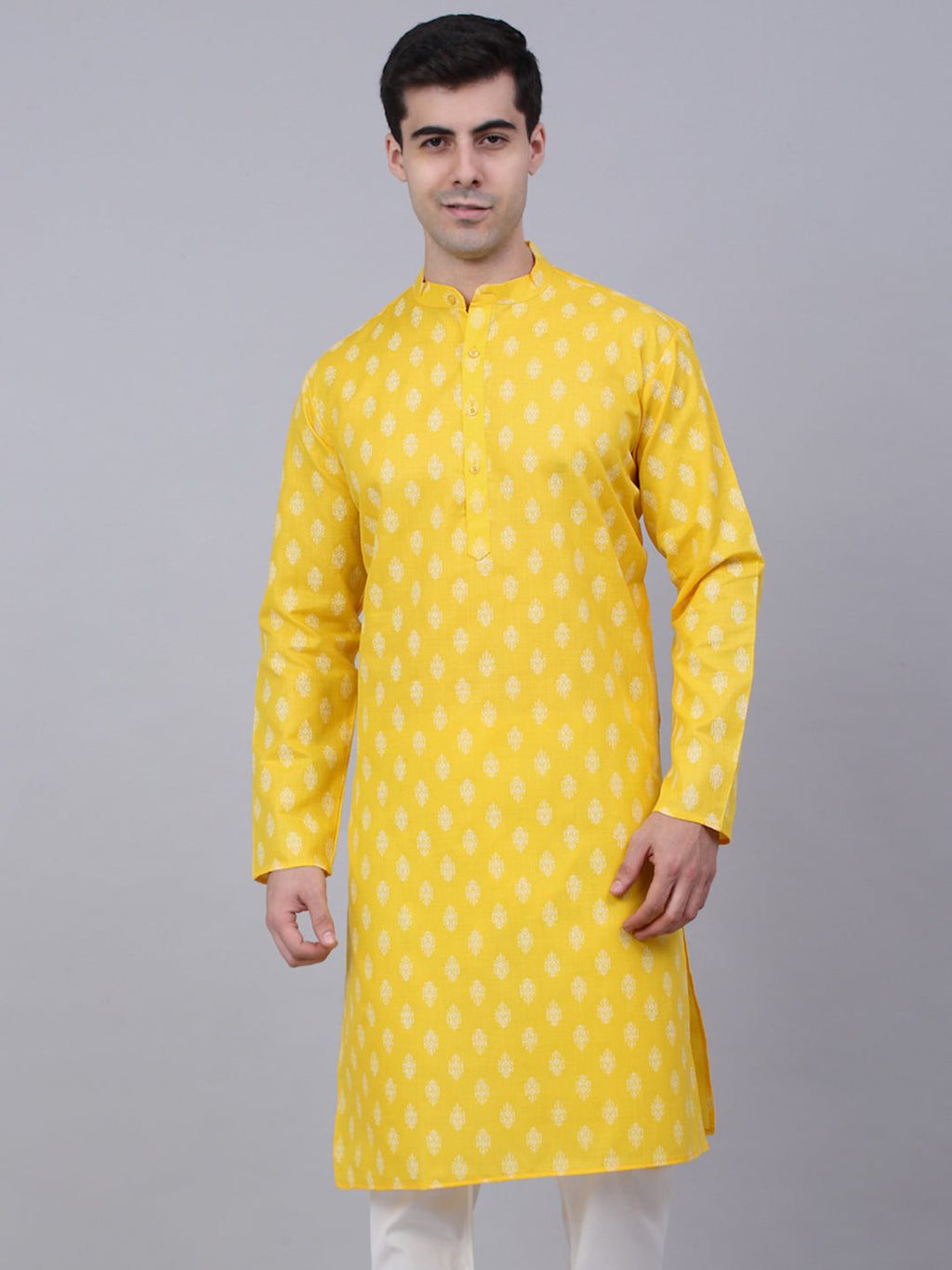 Jompers Men's Cotton Floral printed Kurta - Lemon