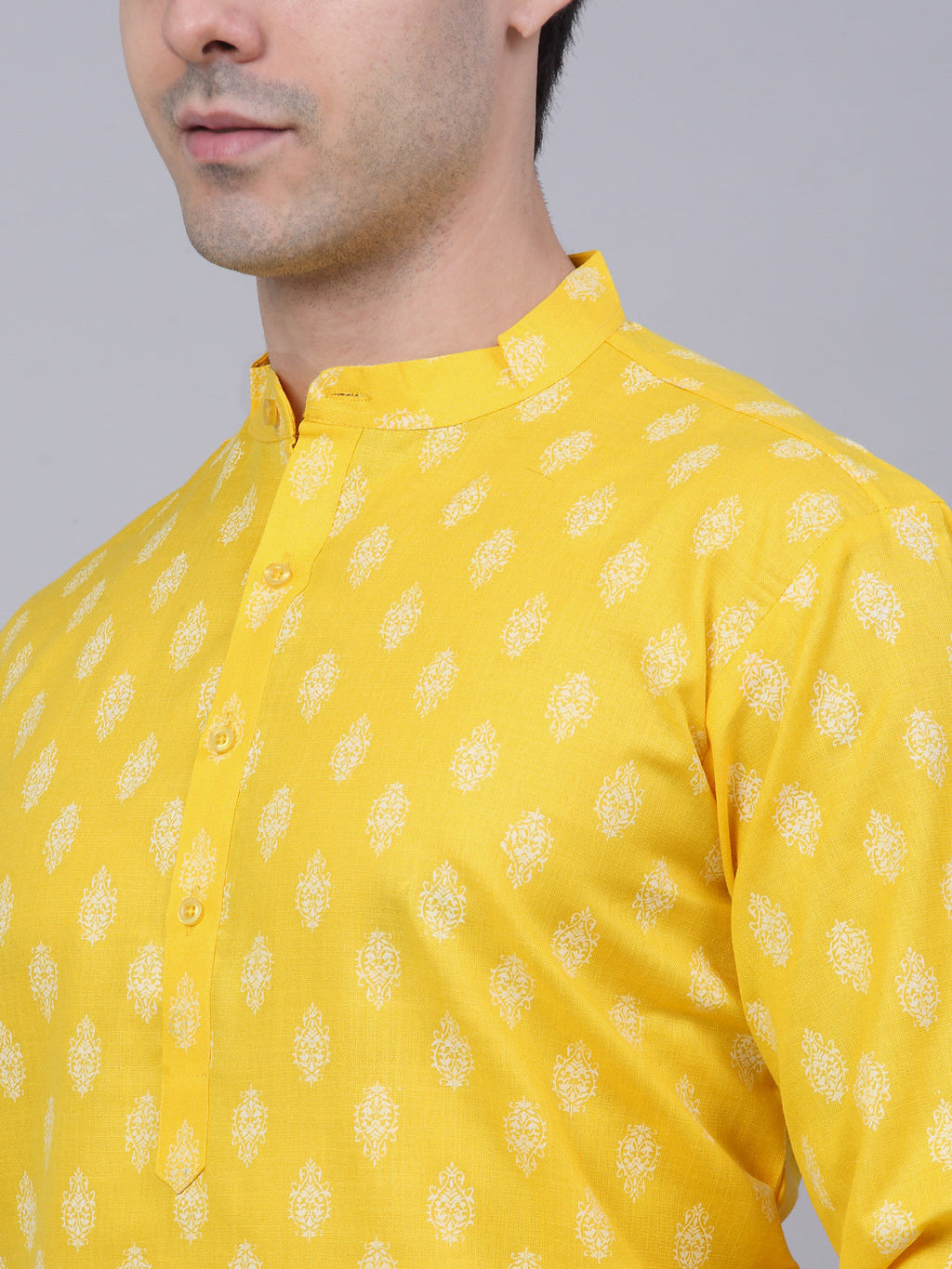 Jompers Men's Cotton Floral printed Kurta - Lemon