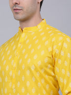 Jompers Men's Cotton Floral printed Kurta - Lemon