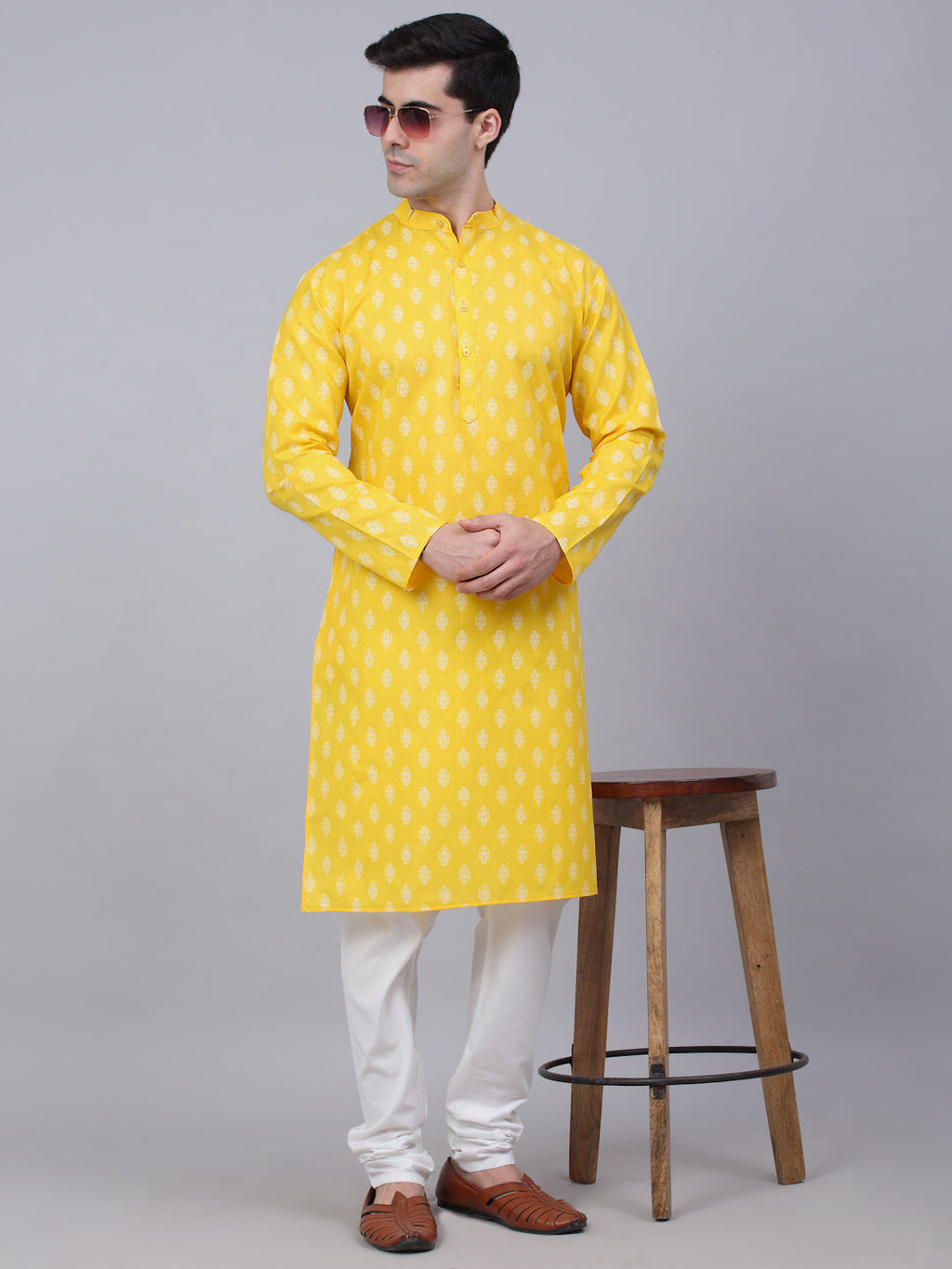 Jompers Men's Cotton Floral printed Kurta - Lemon