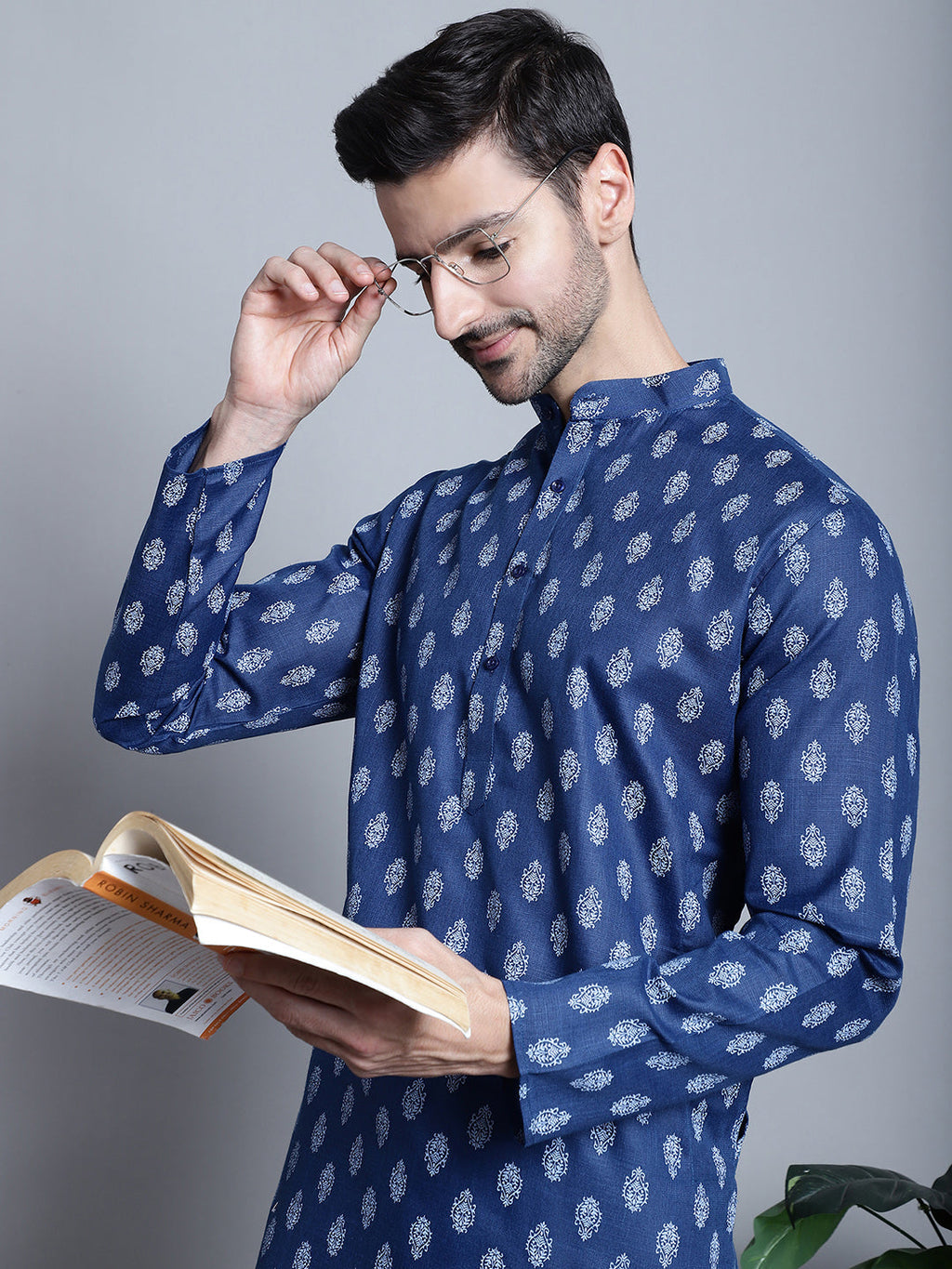 Jompers Men's Cotton Floral printed Kurta Only - Navy Blue