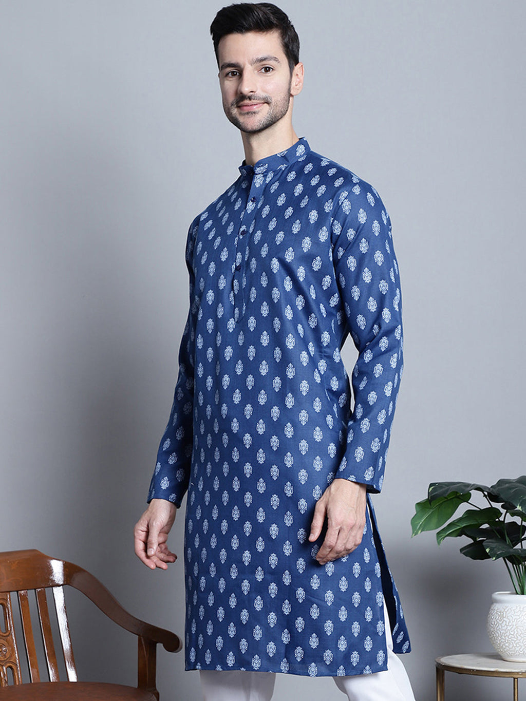 Jompers Men's Cotton Floral printed Kurta Only - Navy Blue