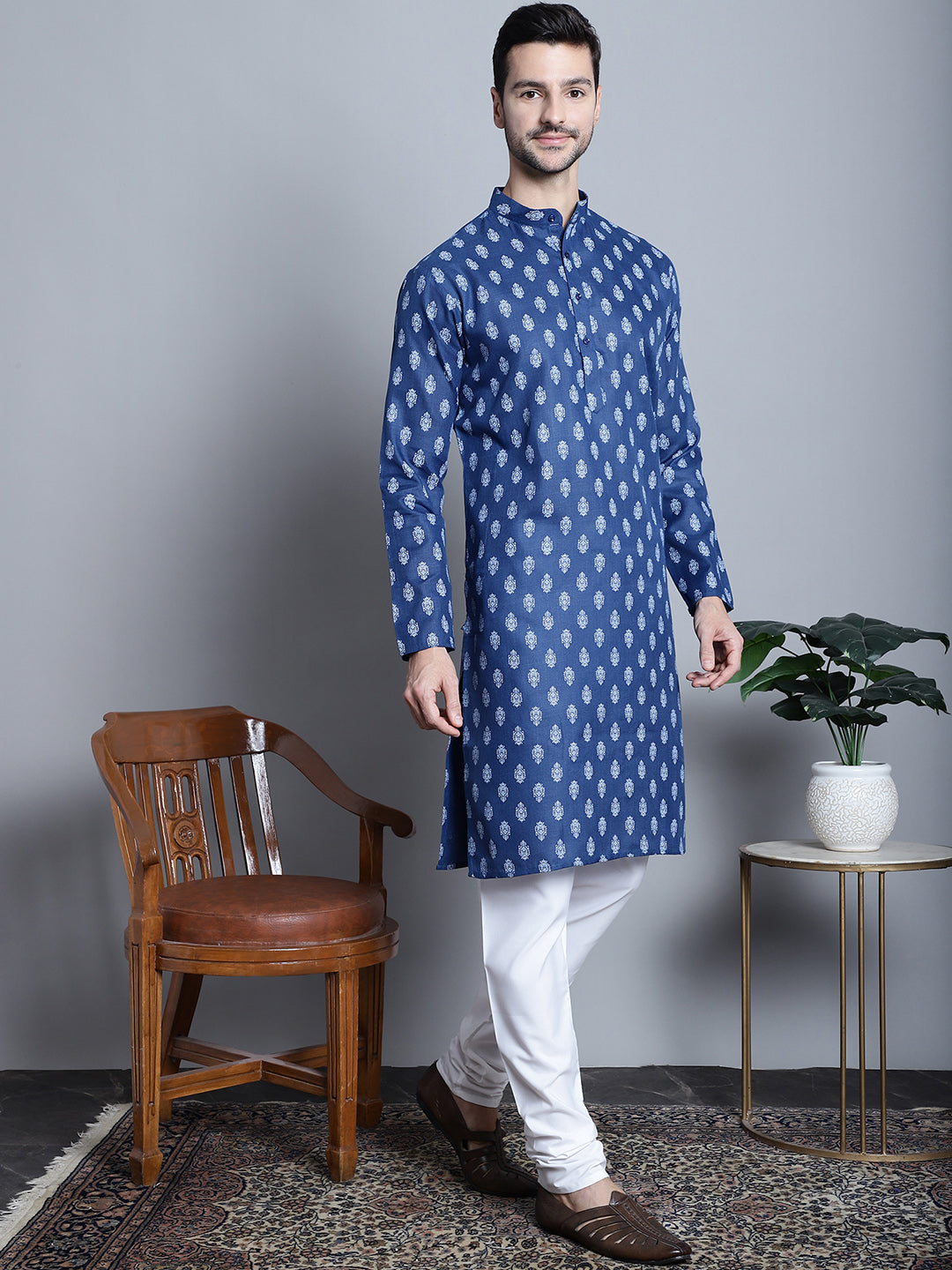 Jompers Men's Cotton Floral printed Kurta Only - Navy Blue