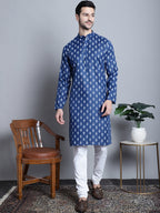 Jompers Men's Cotton Floral printed Kurta Only - Navy Blue
