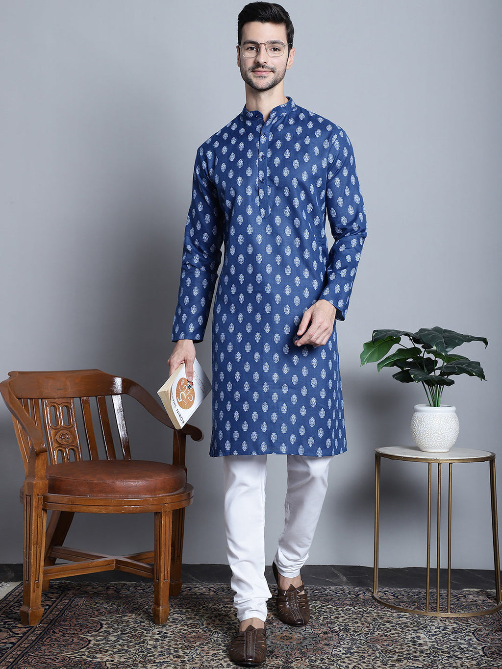 Jompers Men's Cotton Floral printed Kurta Only - Navy Blue