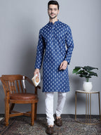 Jompers Men's Cotton Floral printed Kurta Only - Navy Blue