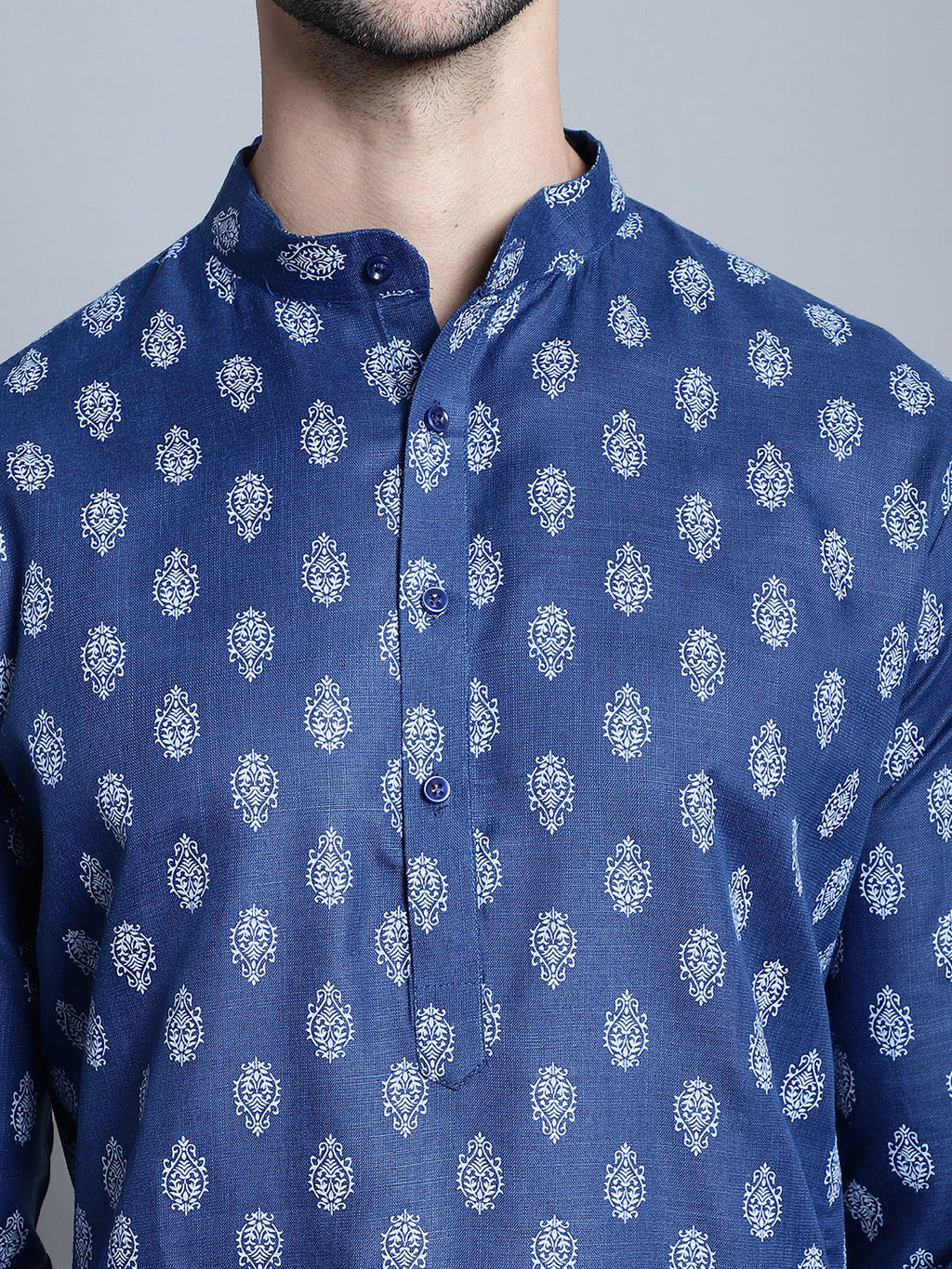 Jompers Men's Cotton Floral printed Kurta Only - Navy Blue