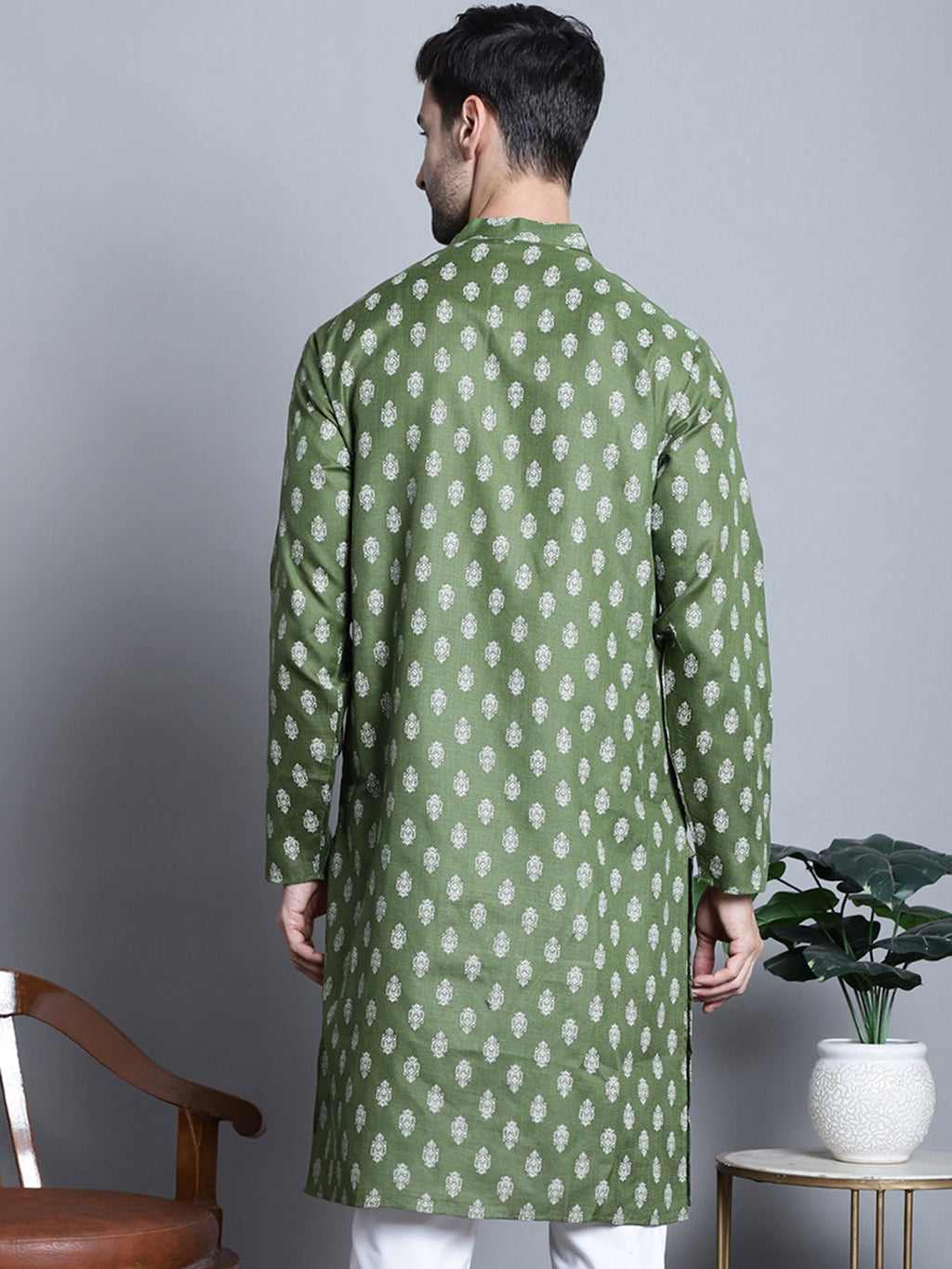 Jompers Men's Cotton Floral printed Kurta Only - Olive - Distacart