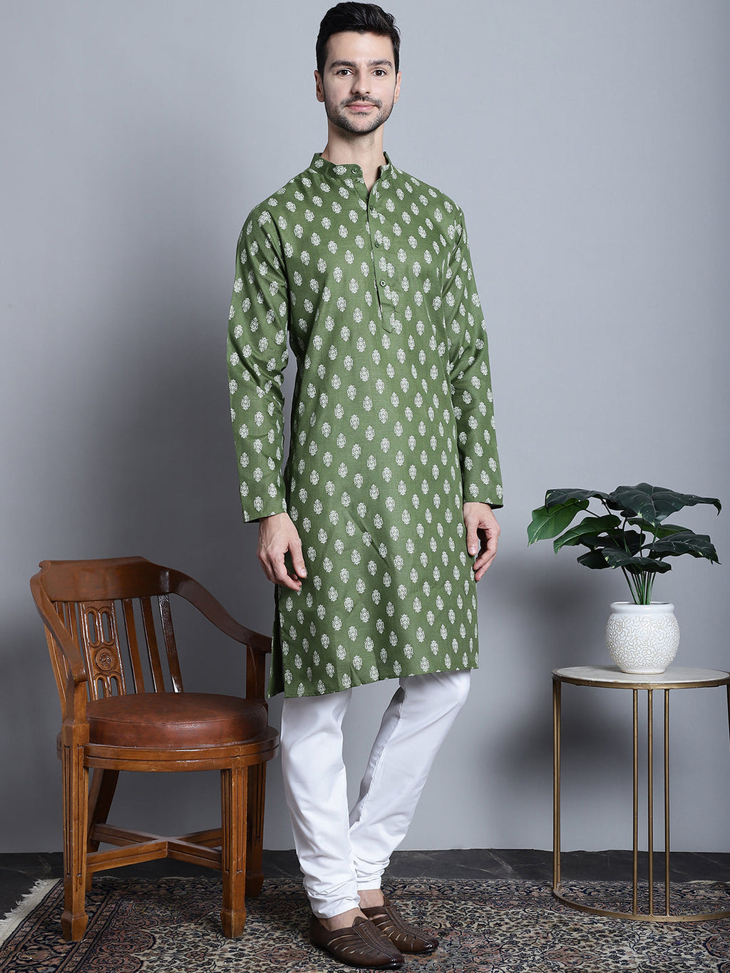 Jompers Men's Cotton Floral printed Kurta Only - Olive - Distacart