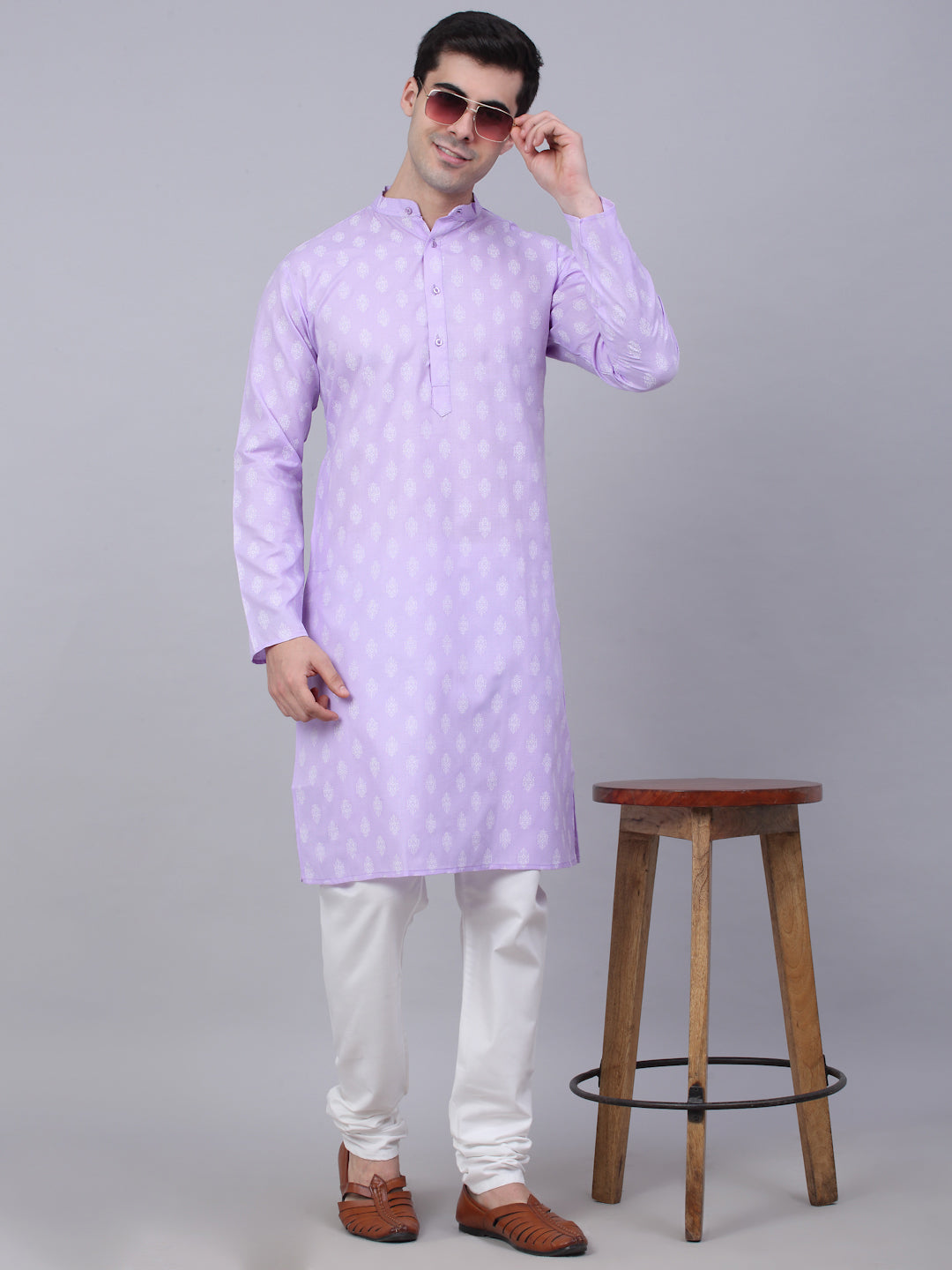 Jompers Men's Cotton Floral printed Kurta - Purple