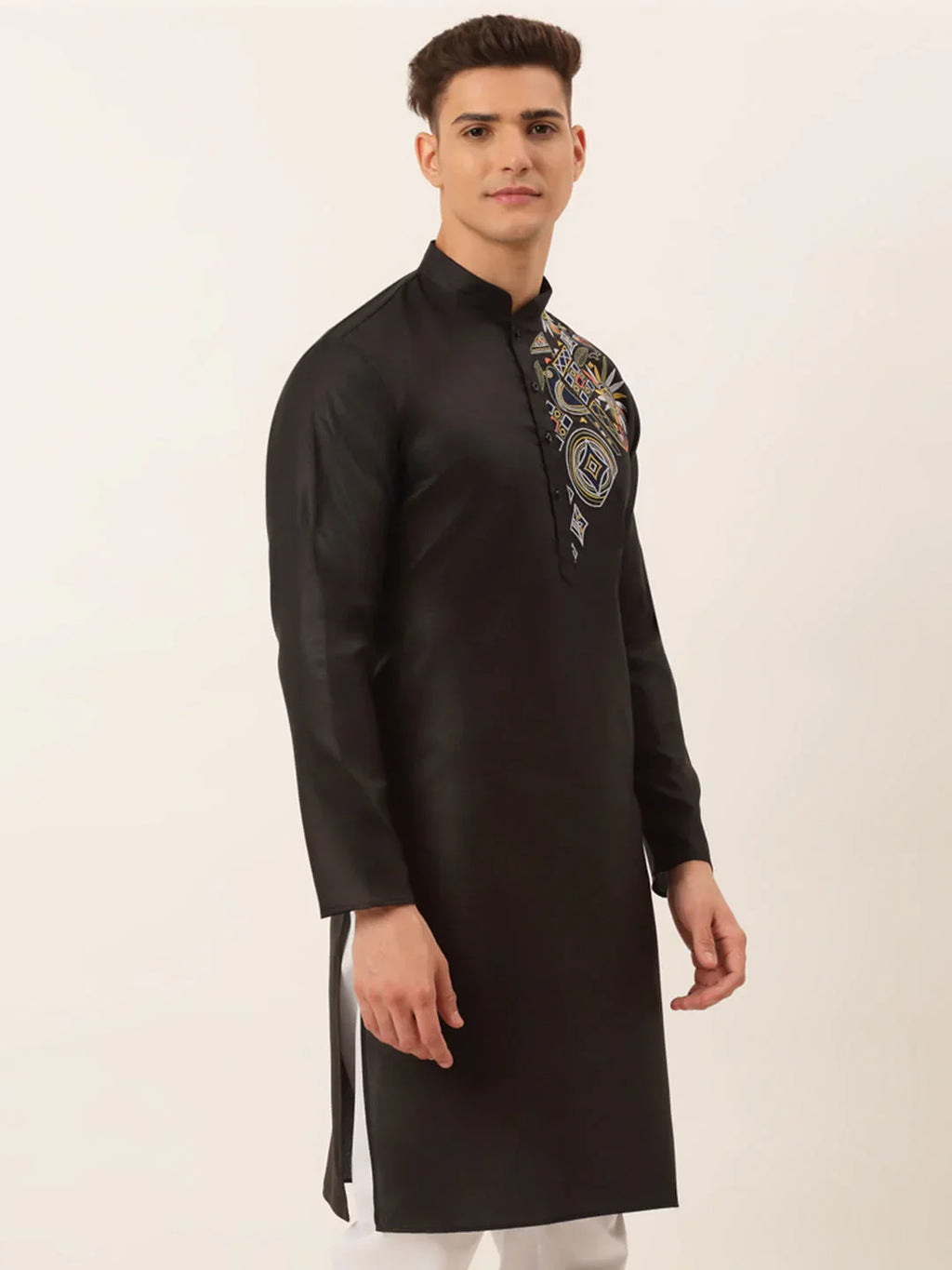 Jompers Men's Cotton Embroidered Kurta - Black