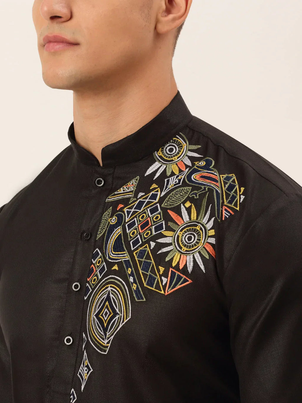 Jompers Men's Cotton Embroidered Kurta - Black