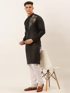 Jompers Men's Cotton Embroidered Kurta - Black