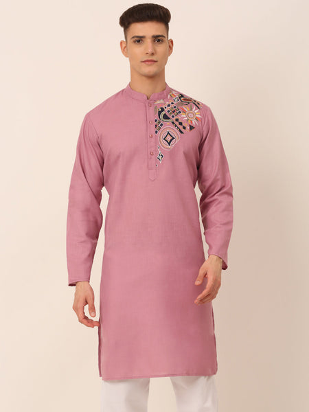 Jompers Men's Cotton Embroidered Kurta - Magenta