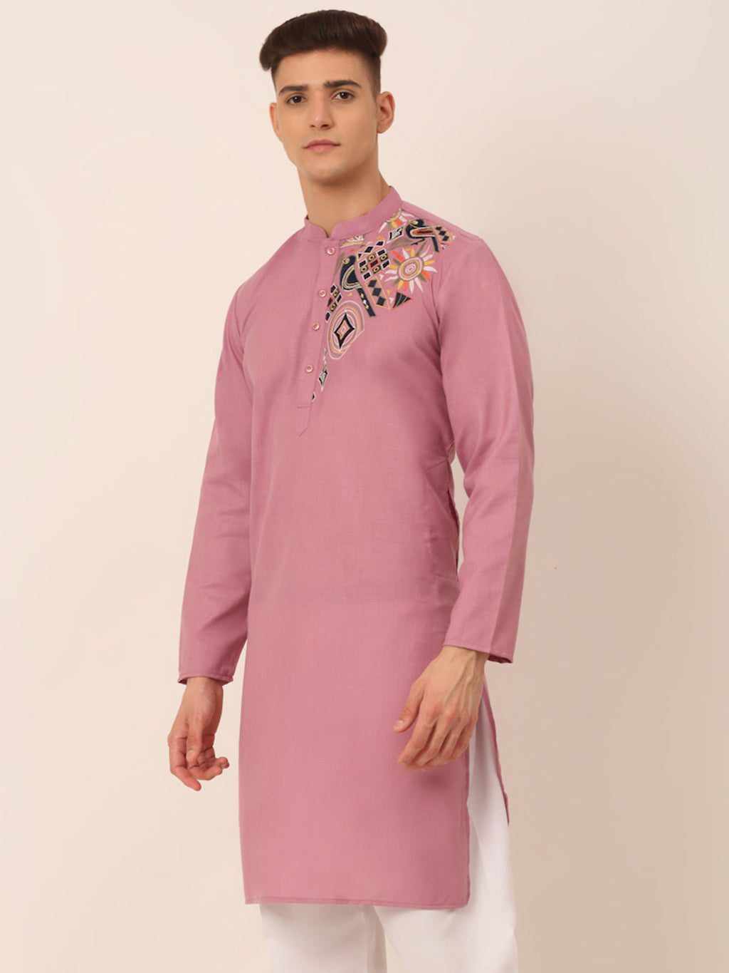 Jompers Men's Cotton Embroidered Kurta - Magenta