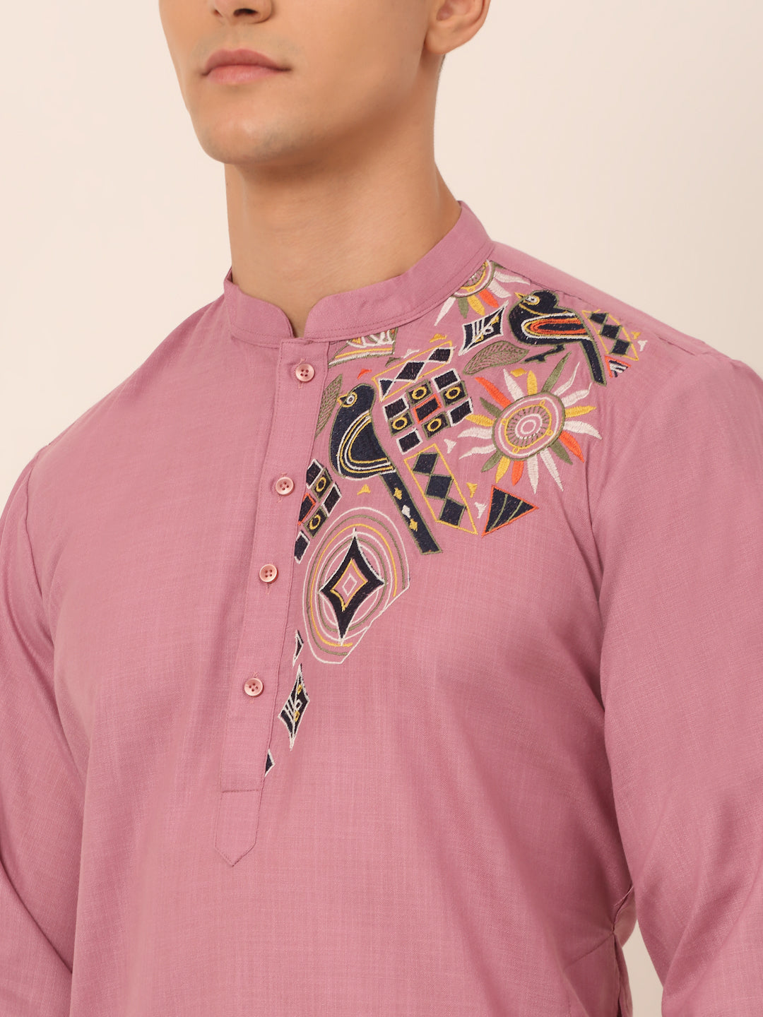 Jompers Men's Cotton Embroidered Kurta - Magenta