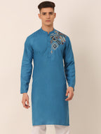 Jompers Men's Cotton Embroidered Kurta - Peacock