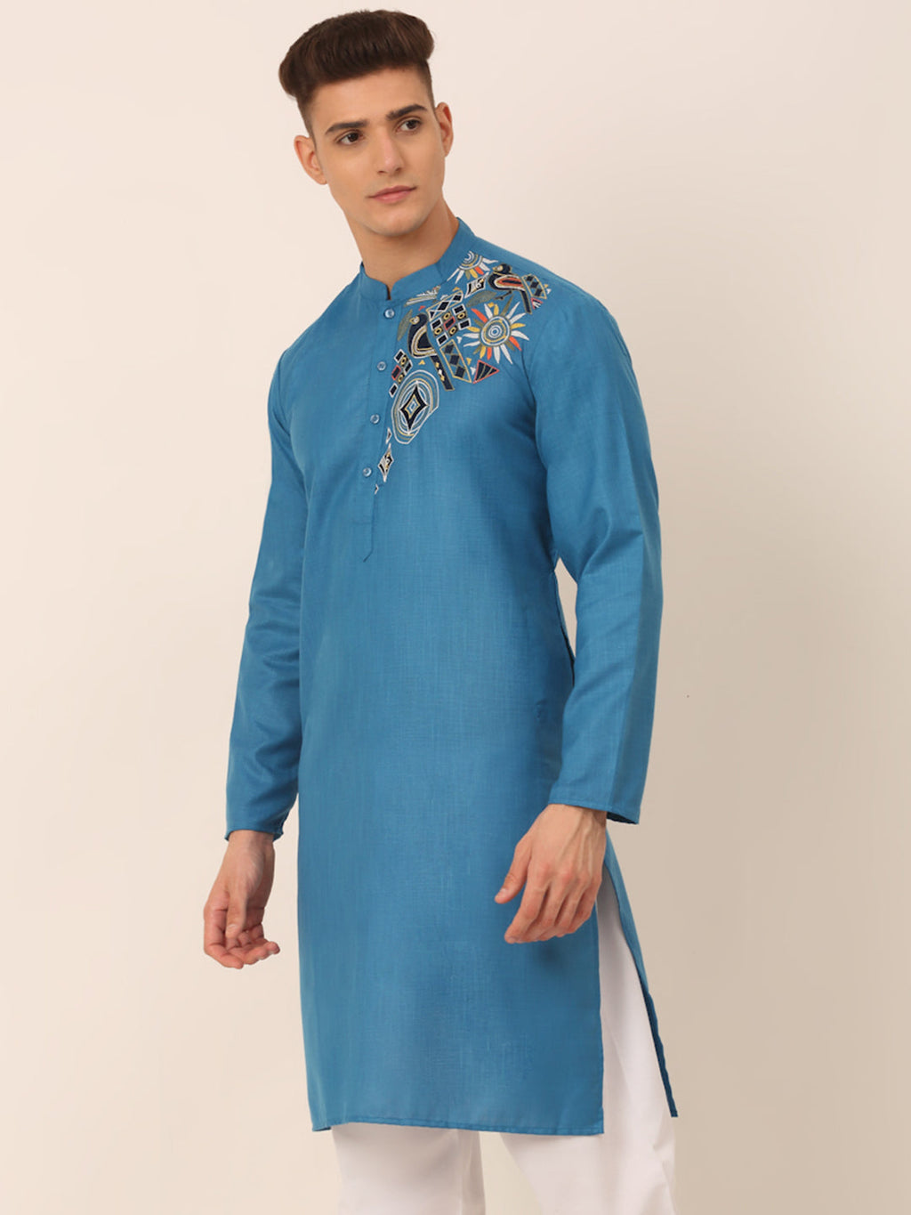 Jompers Men's Cotton Embroidered Kurta - Peacock