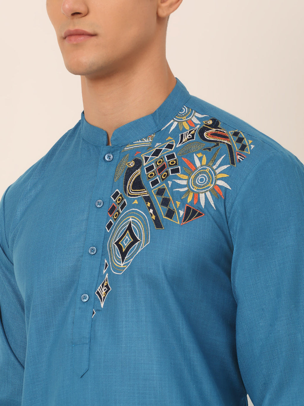 Jompers Men's Cotton Embroidered Kurta - Peacock