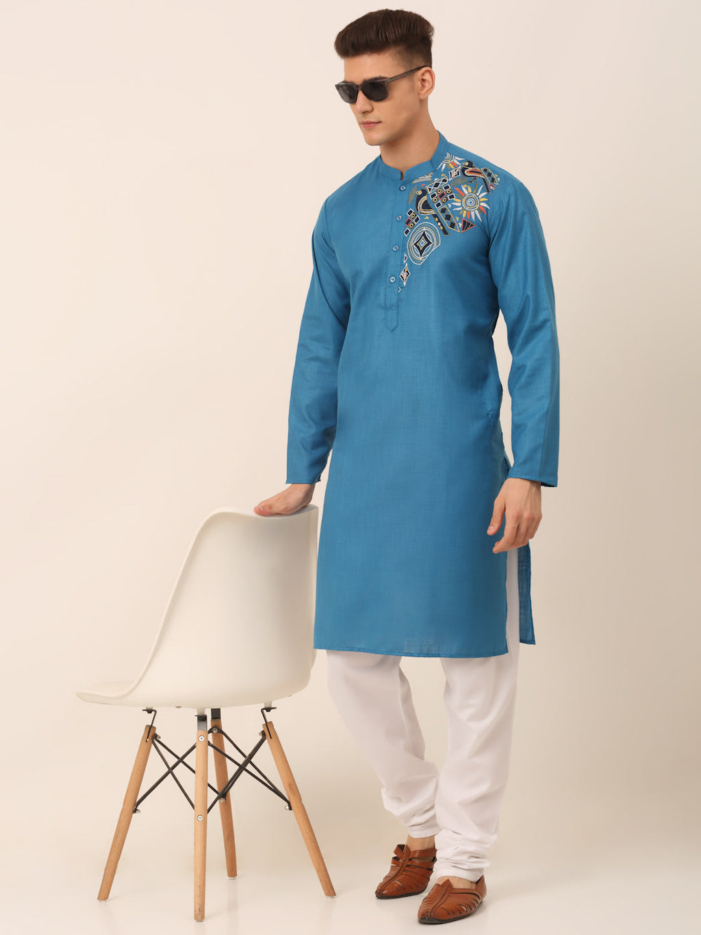 Jompers Men's Cotton Embroidered Kurta - Peacock