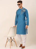 Jompers Men's Cotton Embroidered Kurta - Peacock