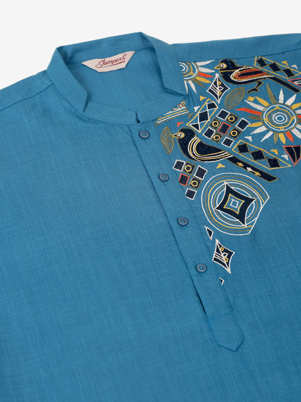 Jompers Men's Cotton Embroidered Kurta - Peacock