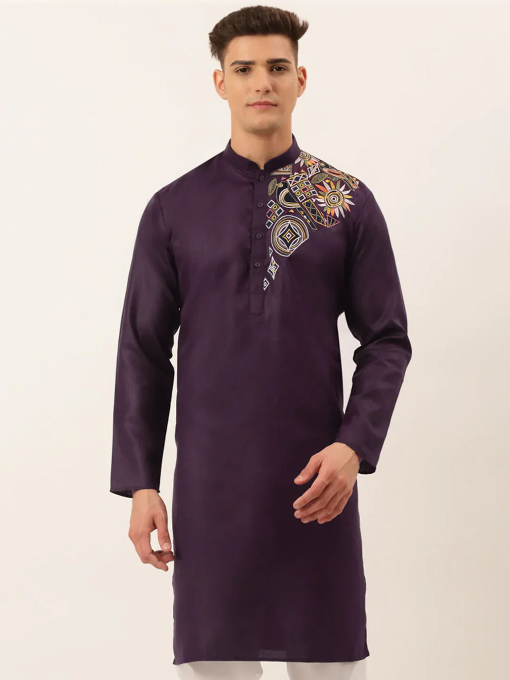 Jompers Men's Cotton Embroidered Kurta - Purple