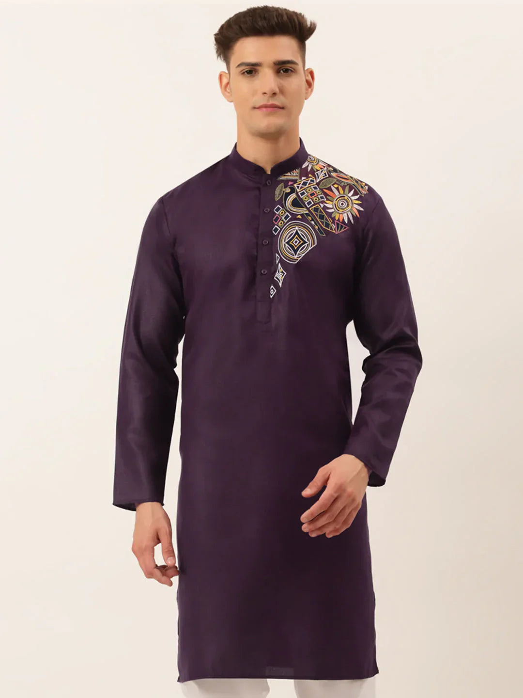 Jompers Men's Cotton Embroidered Kurta - Purple