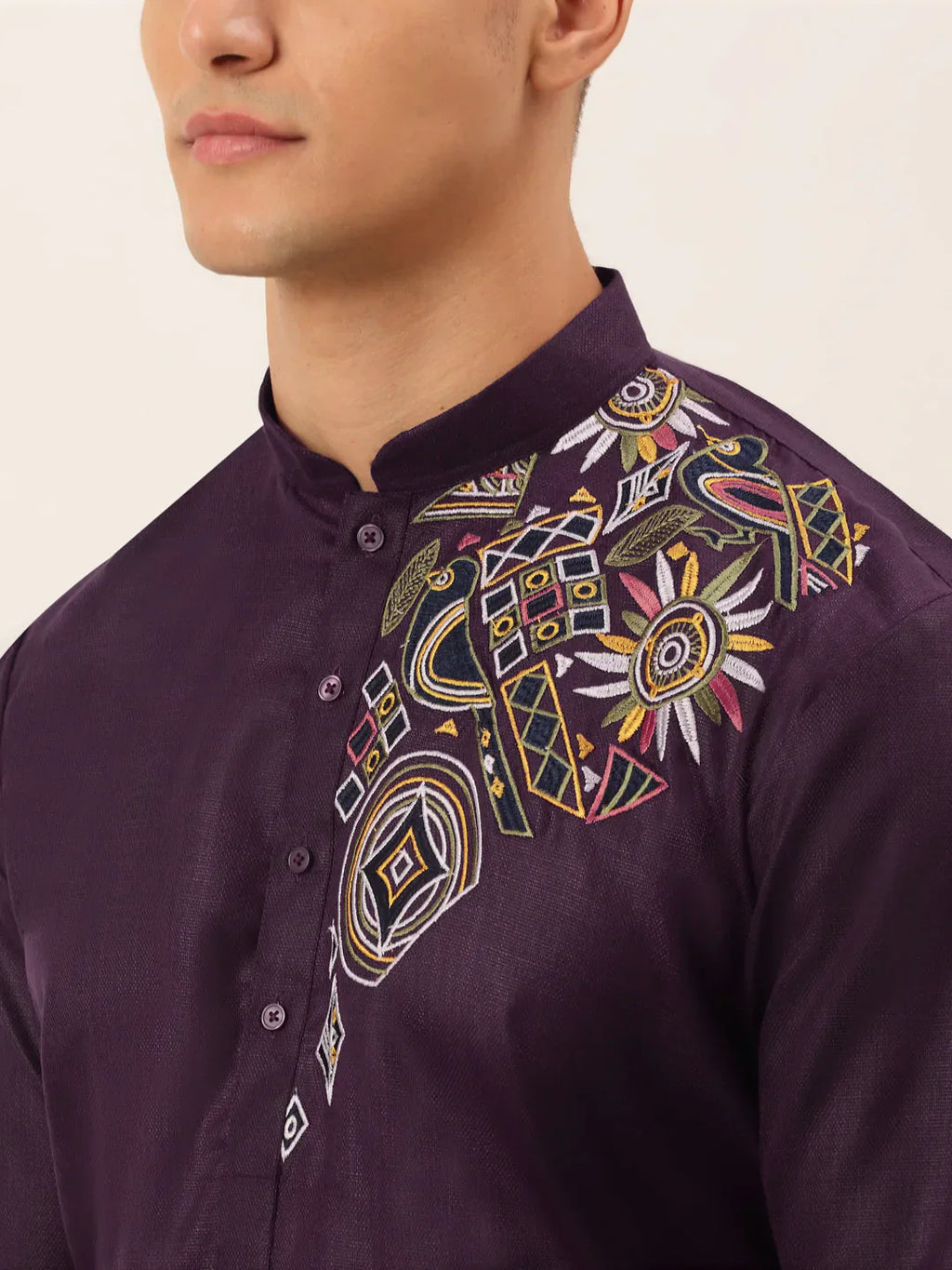 Jompers Men's Cotton Embroidered Kurta - Purple