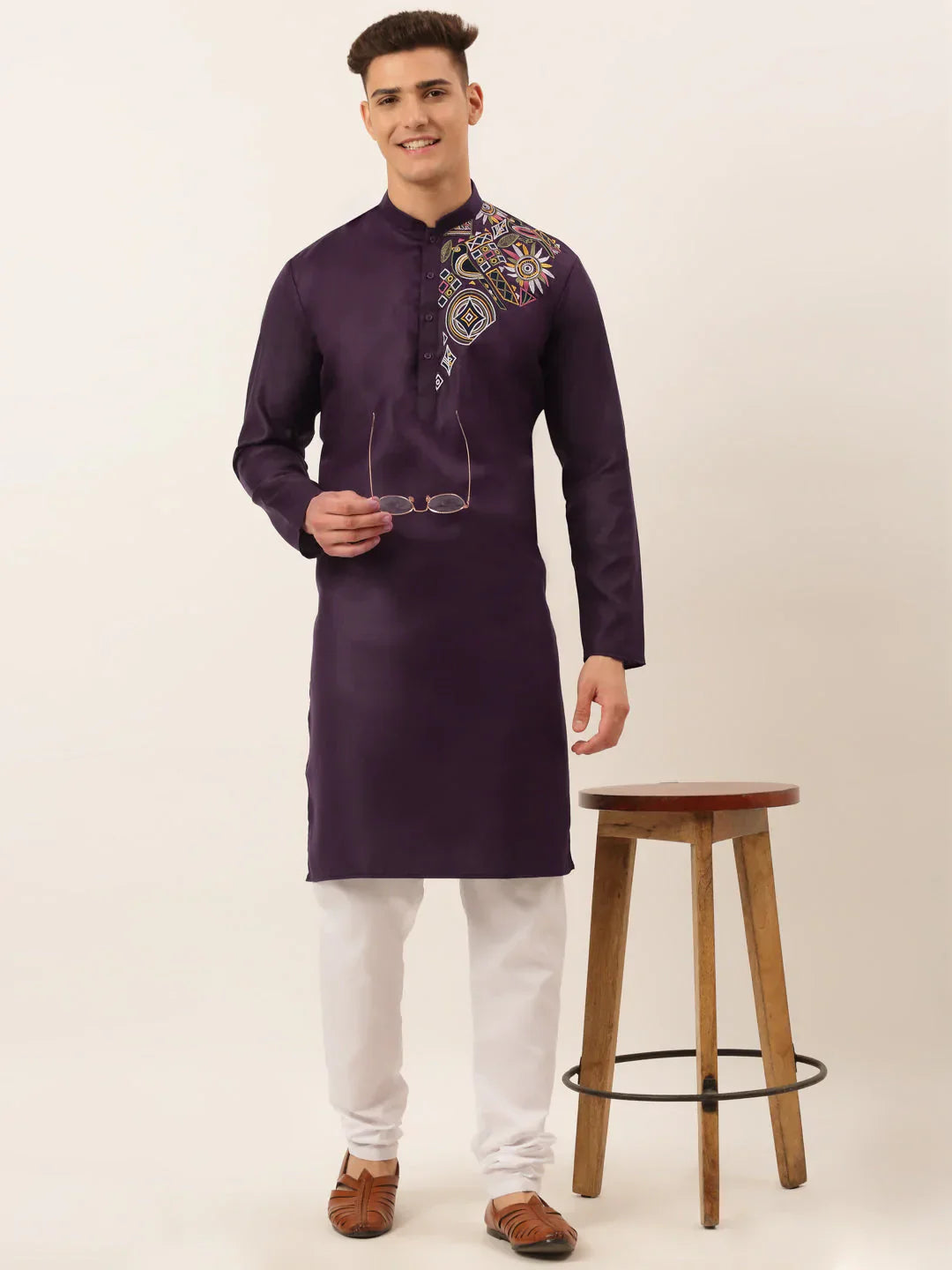 Jompers Men's Cotton Embroidered Kurta - Purple