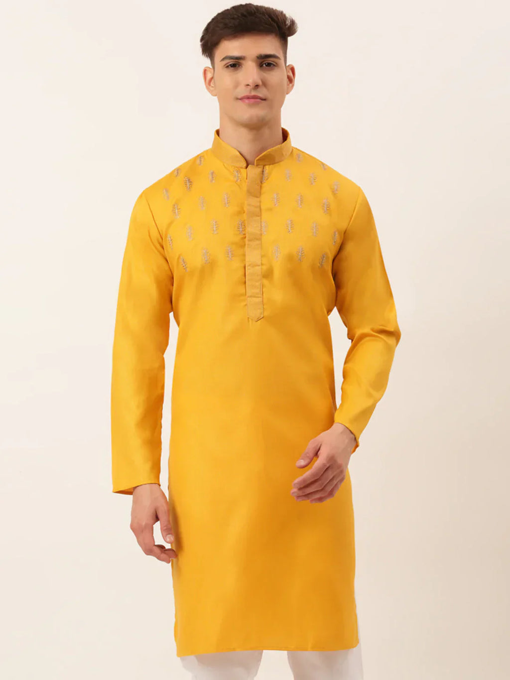 Jompers Men's Cotton Embroidered Kurta - Mustard