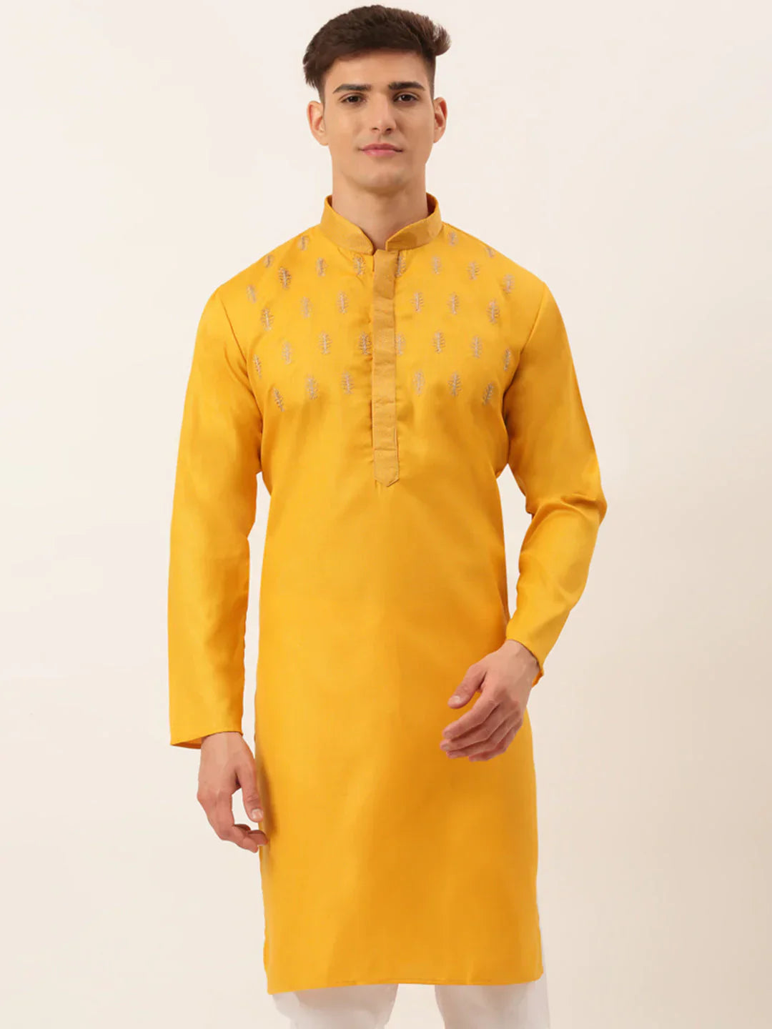 Jompers Men's Cotton Embroidered Kurta - Mustard